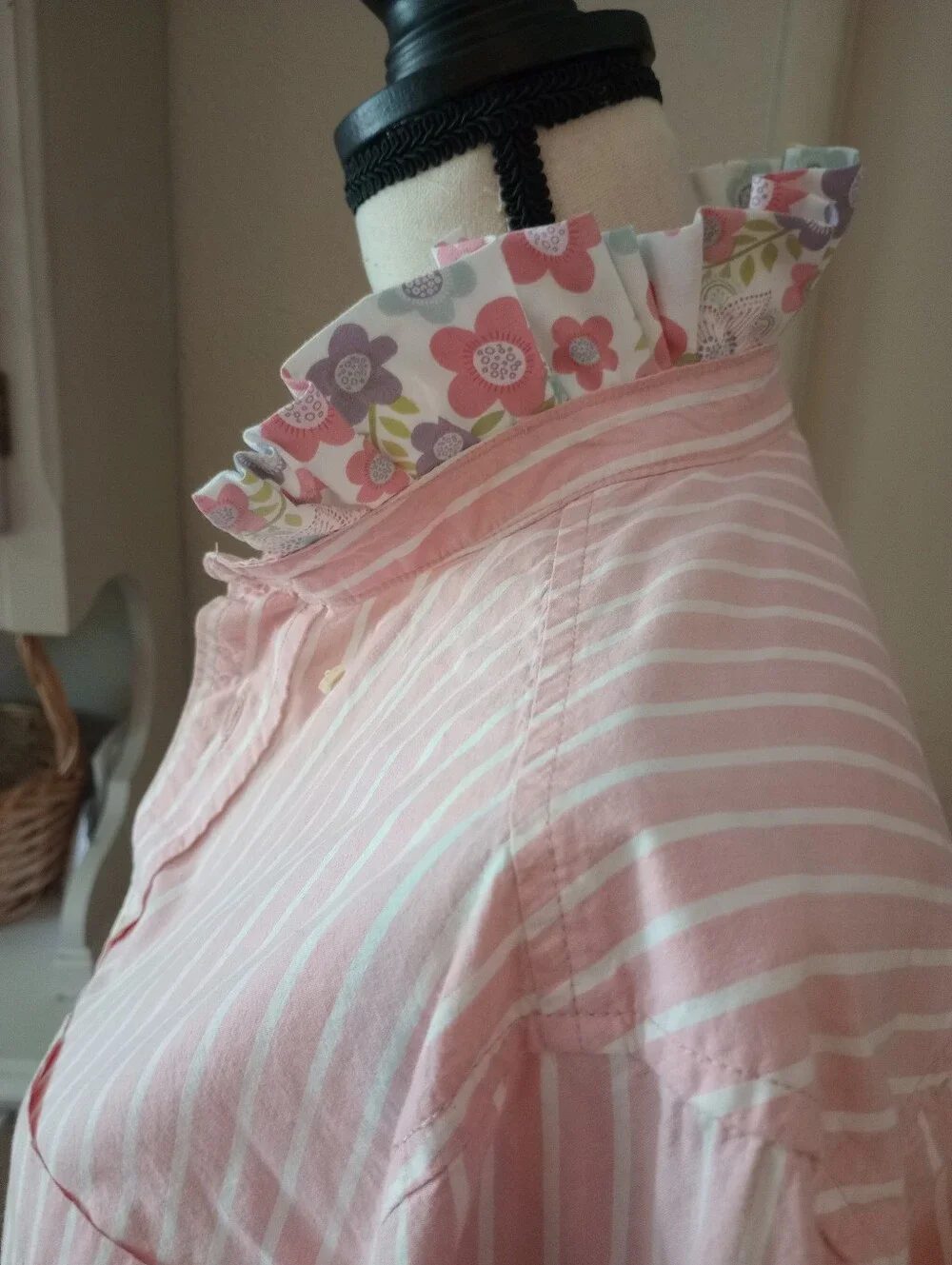 Old Navy Pink and White Striped Button-Up with Floral Ruffle Collar